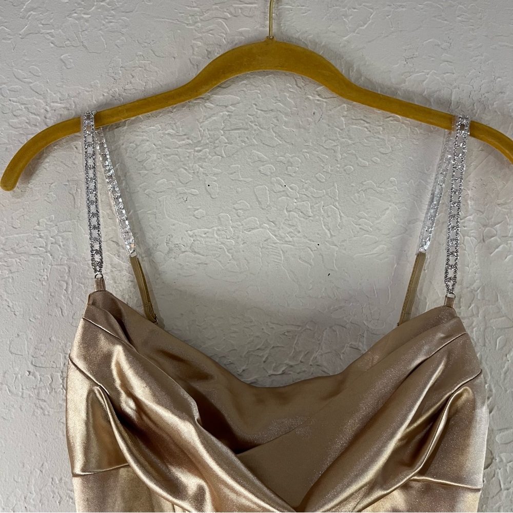 Oh Polly Embellish The Moment Ruched Satin Metallic Knee Length Dress in Gold - Picture 5 of 14